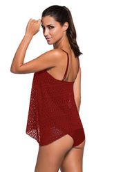 Burgundy Lace Overlay Spaghetti Straps Tankini Swimsuit